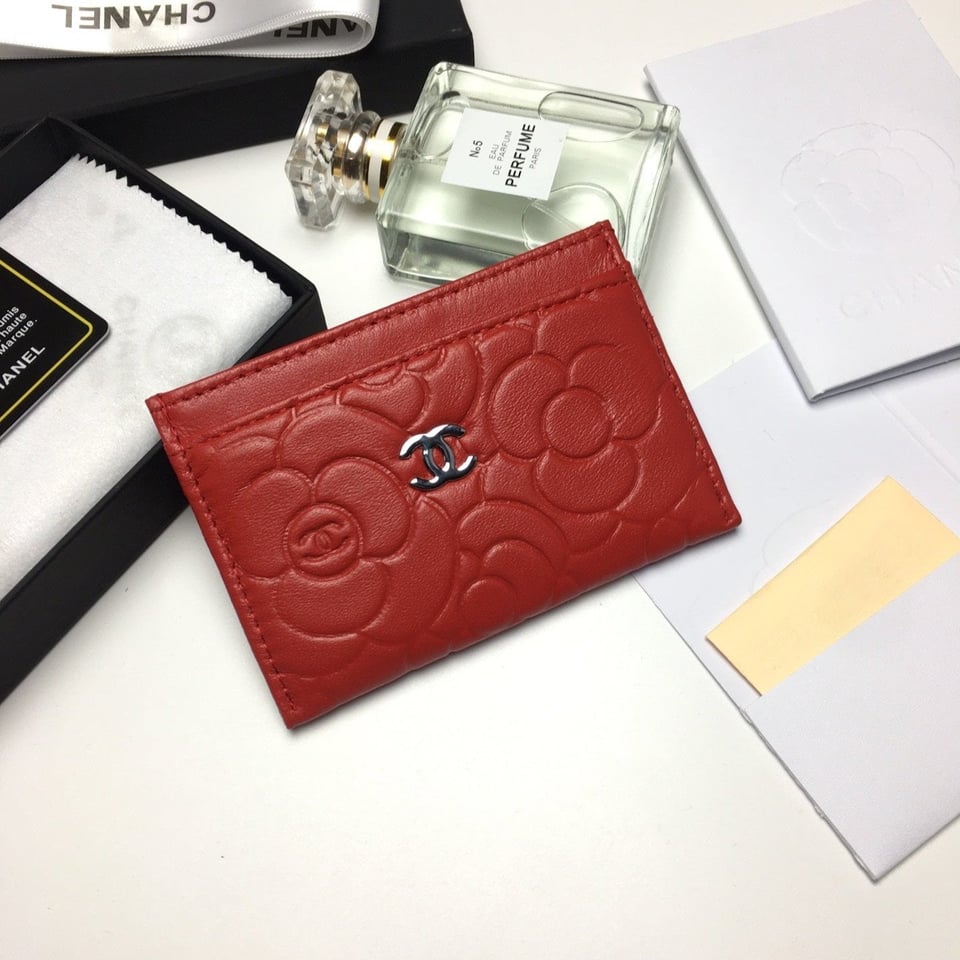 Chanel Floral Card Holder 11.2 Red Calfskin Silver Icon