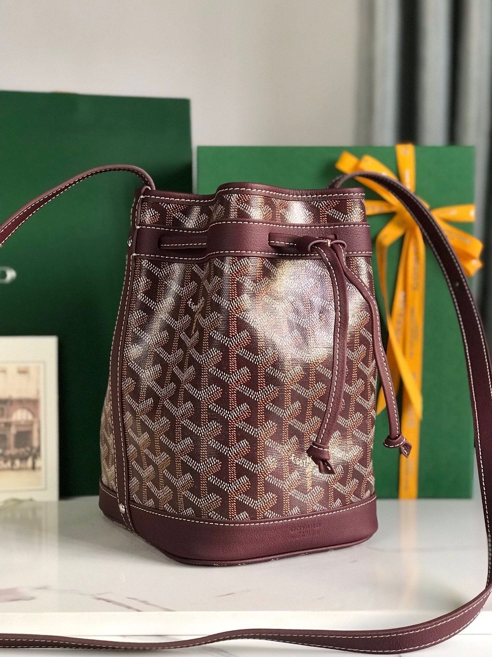 Goyard Petit Flot Bucket Bag 22 Cm Wine Red Goyardine Canvas And Lambskin Trim view 4
