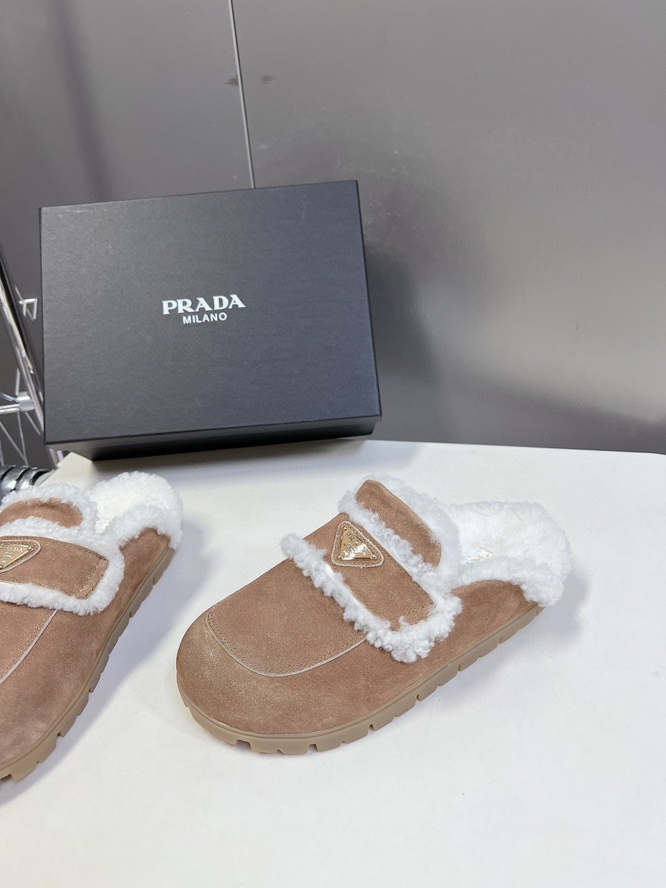 Prada Suede And Shearling Slippers Ecru 1S711M X0O F0379 F Zg20 view 4