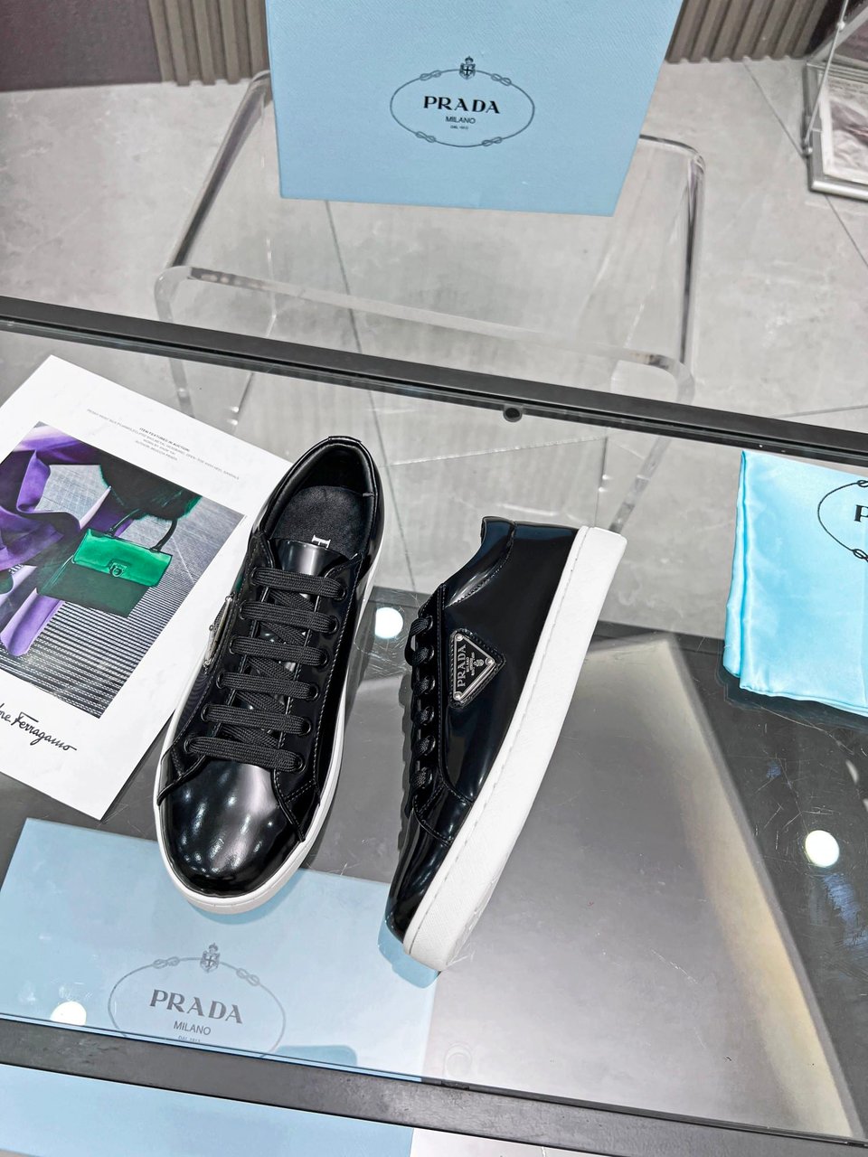 Prada Logo Sneakers In Brushed Leather Black view 5