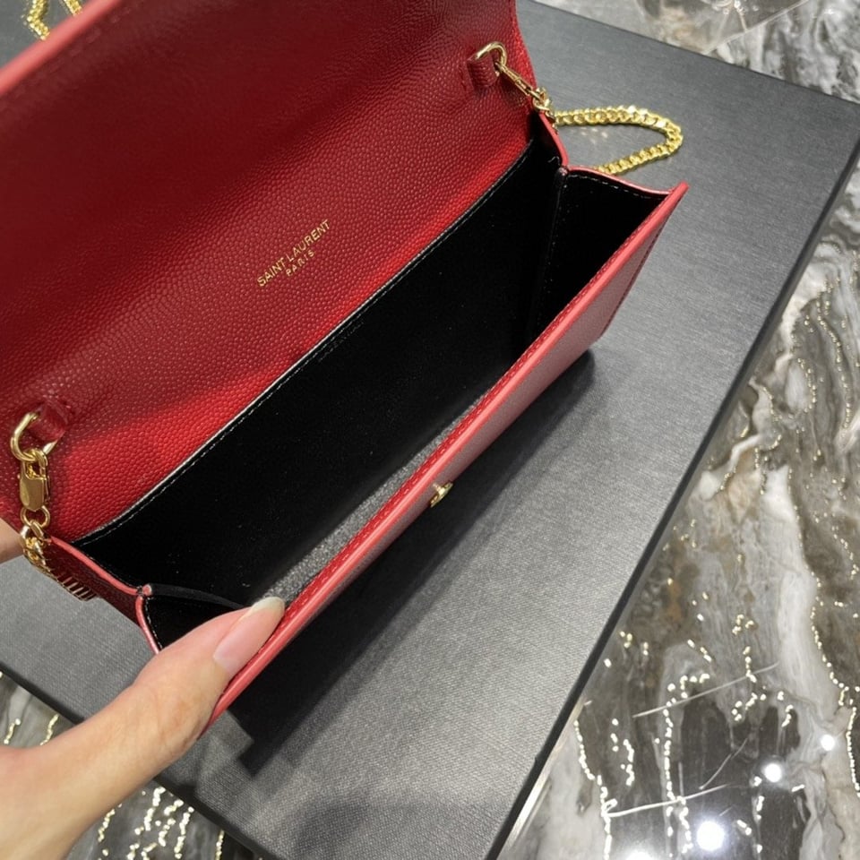 Saint Laurent Uptown Chain Wallet In Grain De Poudre Embossed Leather Red 19Cm view 8