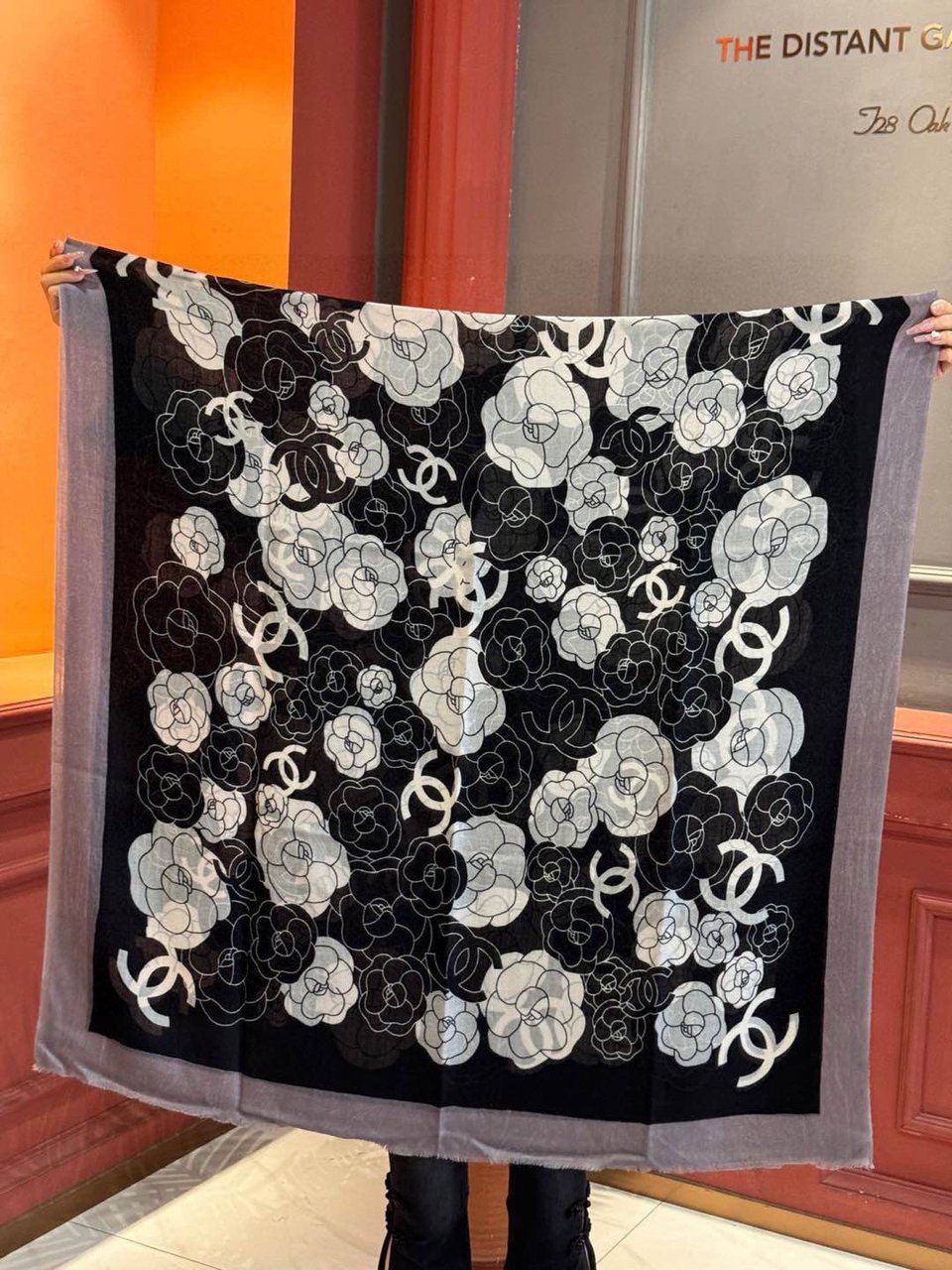 Chanel Silk Shawl Camellia Motif Black-Grey For Women 200cm view 3