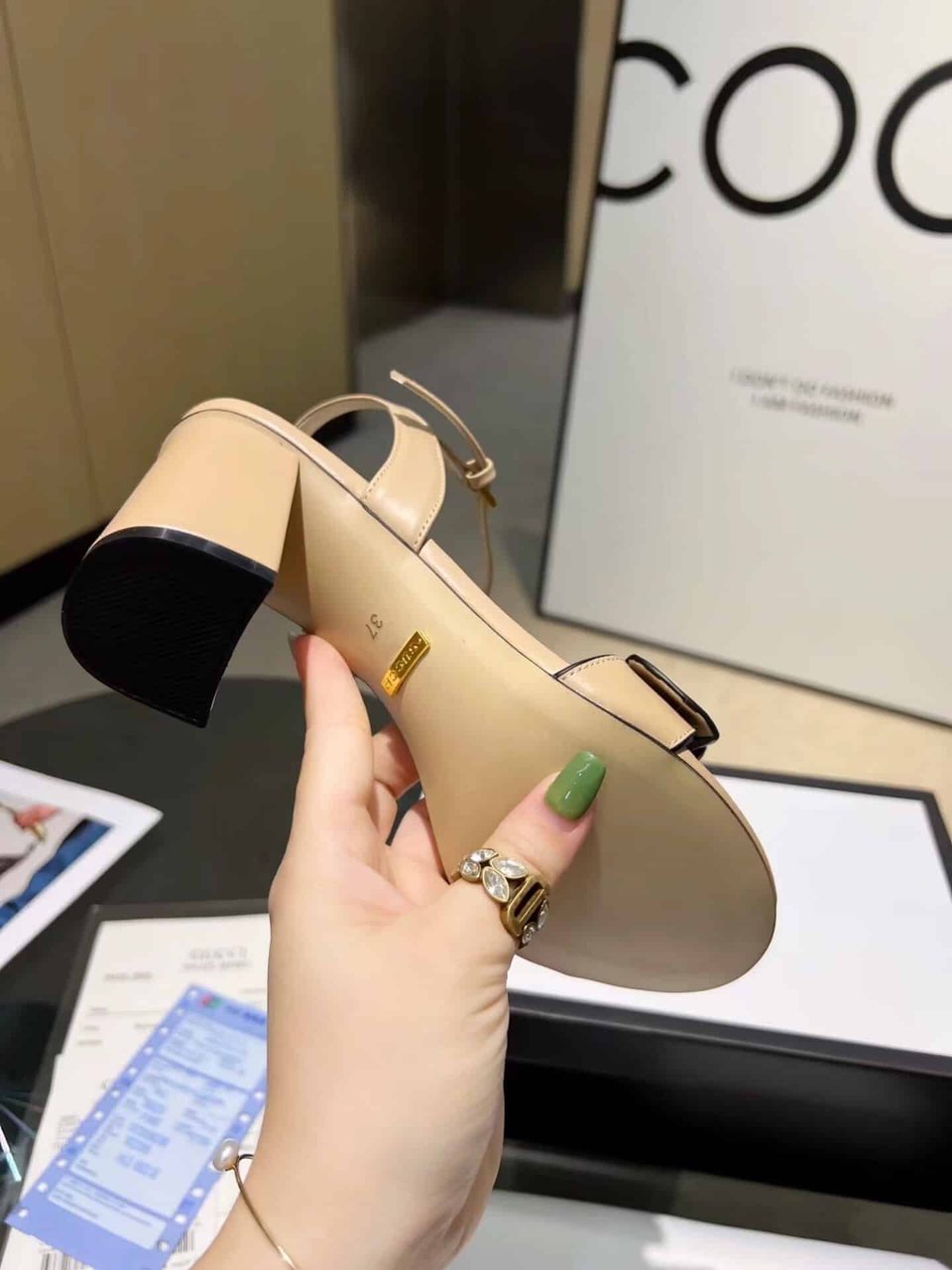 Gucci Leather Mid Heel Sandal Beige view 9