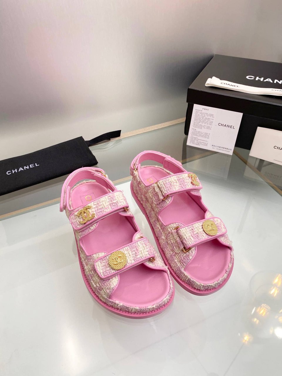 Chanel Tweed Sandal Pink Ecru Cotton G35927 X56999 K5945 view 3
