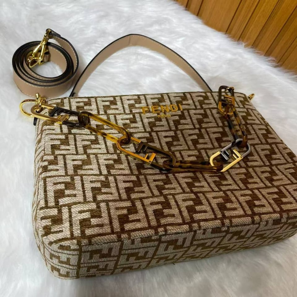 Fendi Olock Zip Dove Brown Tapestry Fabric Bag view 8