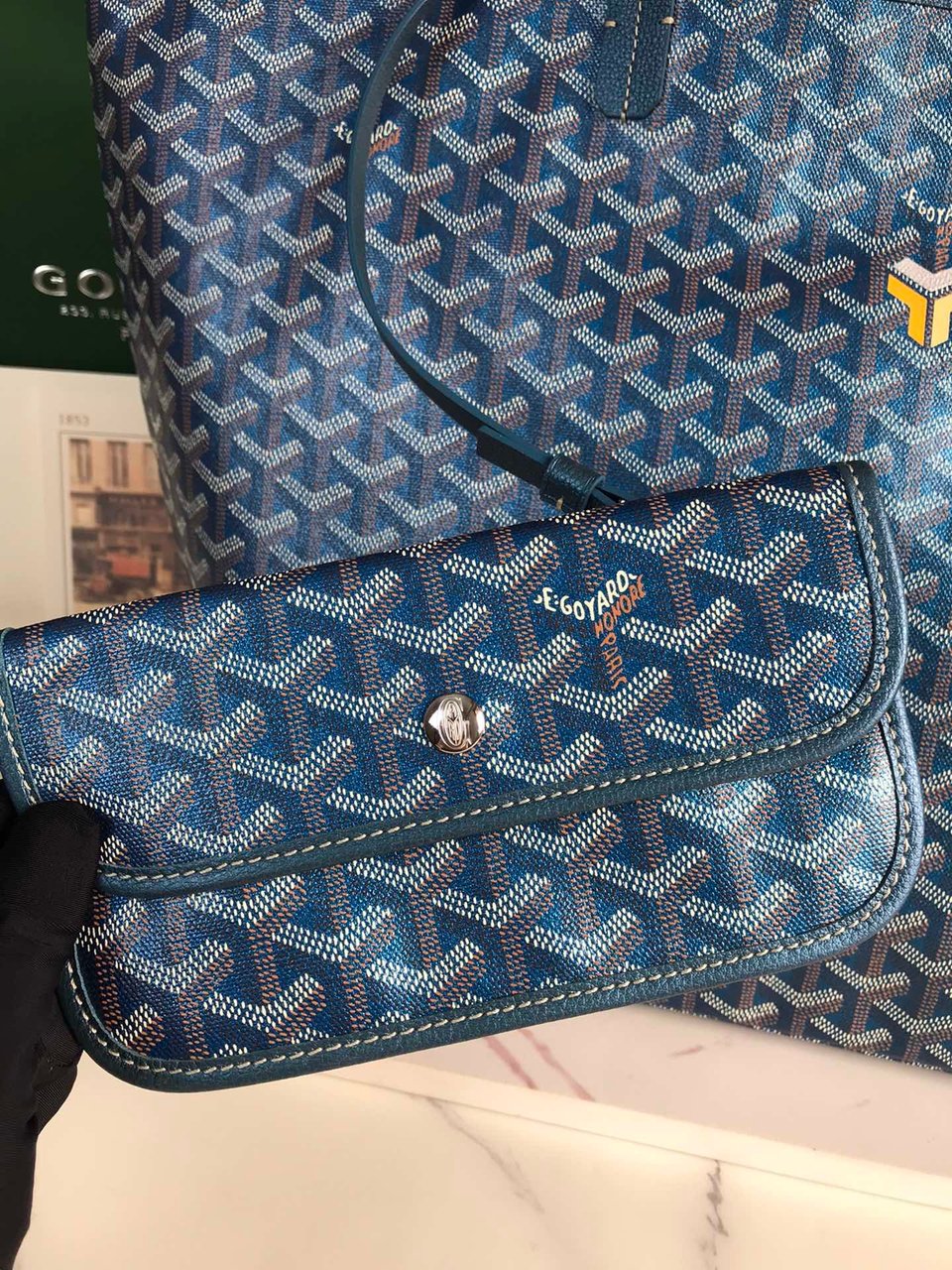 Goyard Saint Louis Gm Bag 40Cm Deep Blue Canvas Chevroches Calfskin view 9
