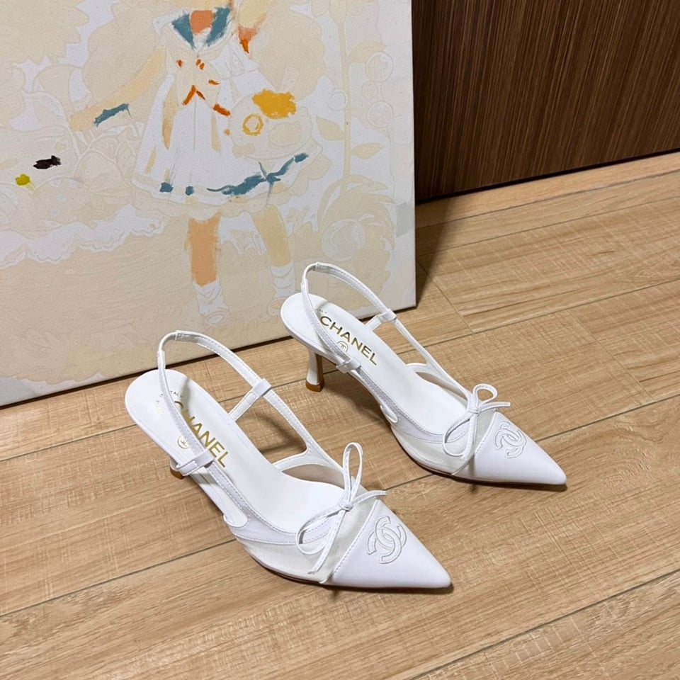 Chanel Cc Leather Pointy Toe Pumps Slingbacks Sandals White view 11