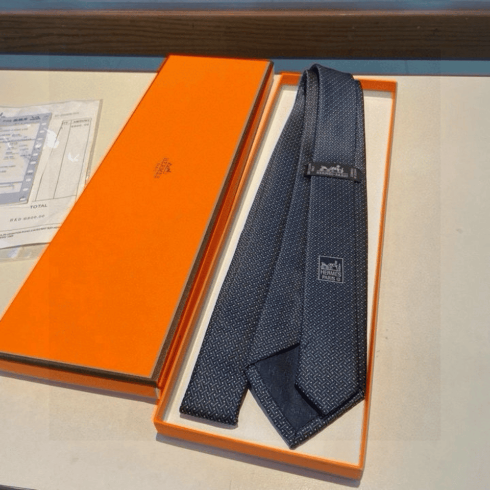 Hermes Navy Blue Grid Pattern Canvas Tie For Men view 6