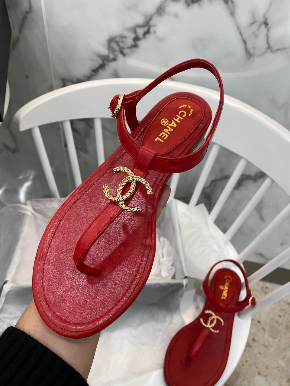 Chanel Gold Cc Logo Thong Sandals Wine Red view 7