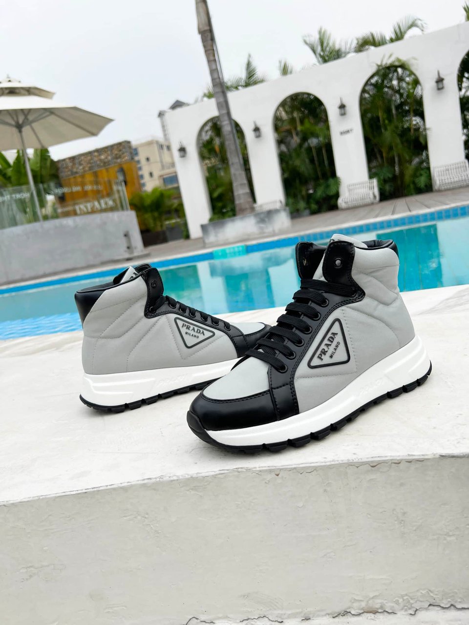 Prada Prax 01 Re Nylon And Brushed Leather Sneakers Grey view 3