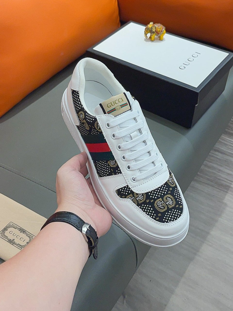 Gucci Screener Gg High Top Sneaker In White And Black view 3