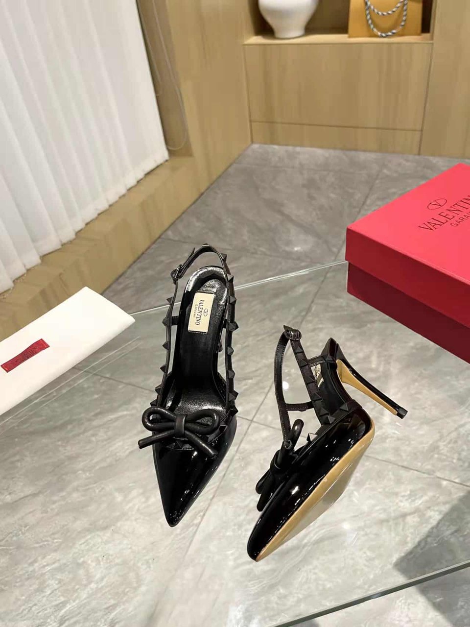 Valentino Rockstud Bow 100 Patent Slingback Pump Black view 11