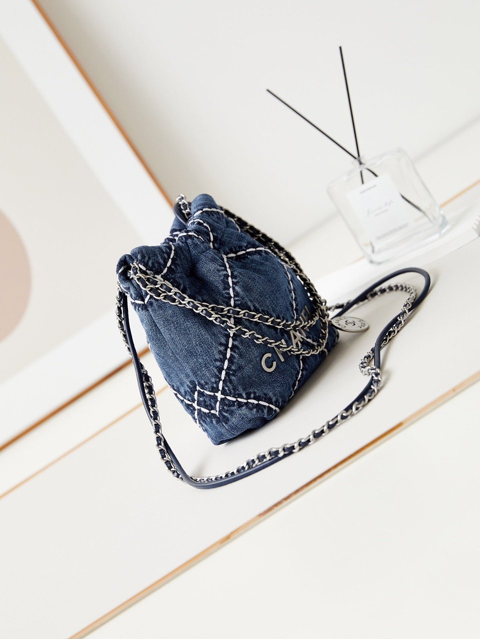 Chanel 22 Mini Backpack Stitched Blue Denim Silver Hardware view 9