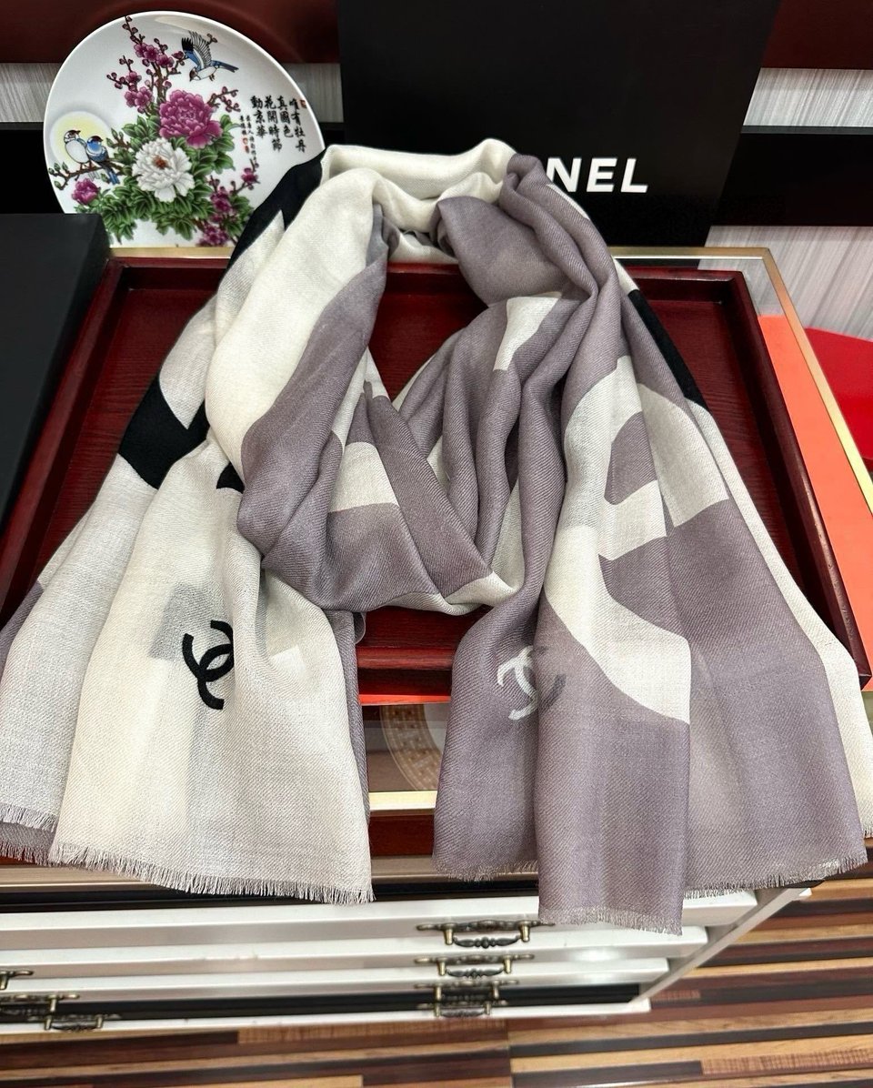 Chanel Silk Shawl CC Logo Colorblock Grey – White For Women 200cm view 3