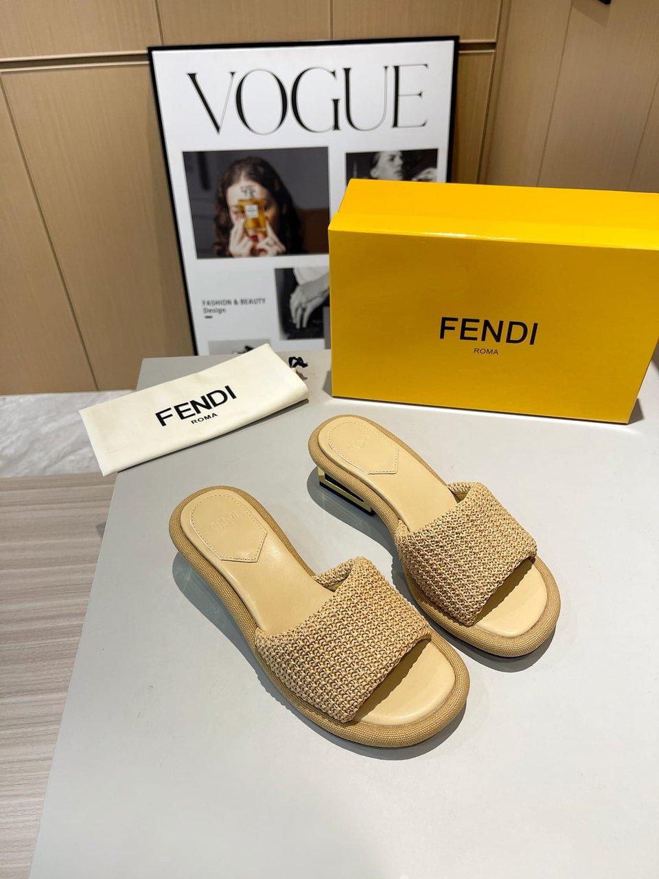 Fendi Baguette Raffia Slide Sandal Natural Neutral view 7