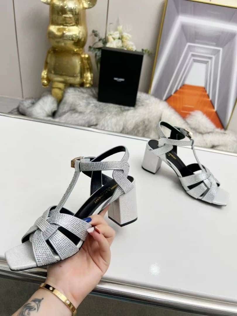 Saint Laurent Tribute Leather Sandals Metallic Silver view 4