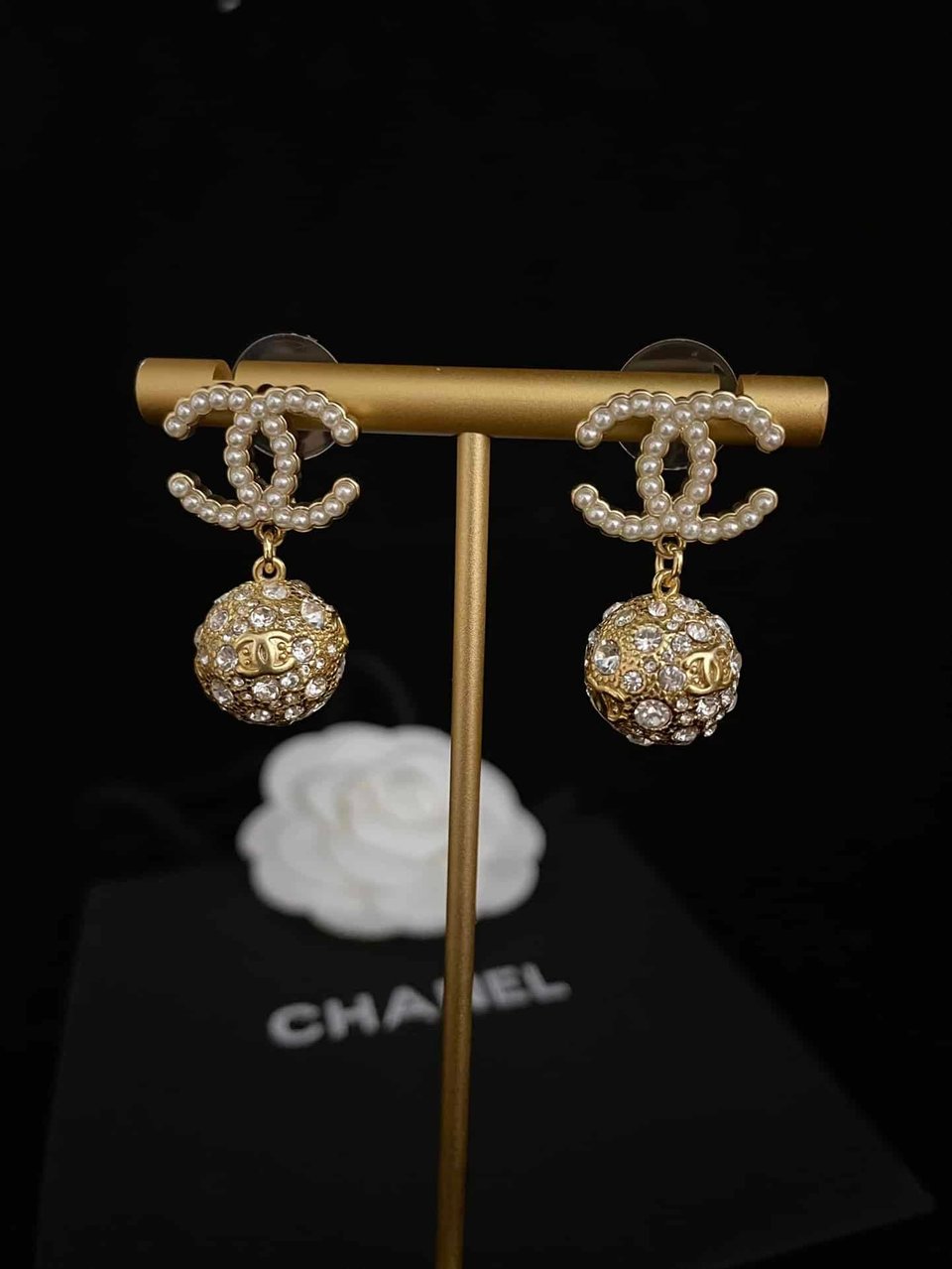 Chanel New Cc Gold Ball Crystal Pearl Drop Earrings view 6