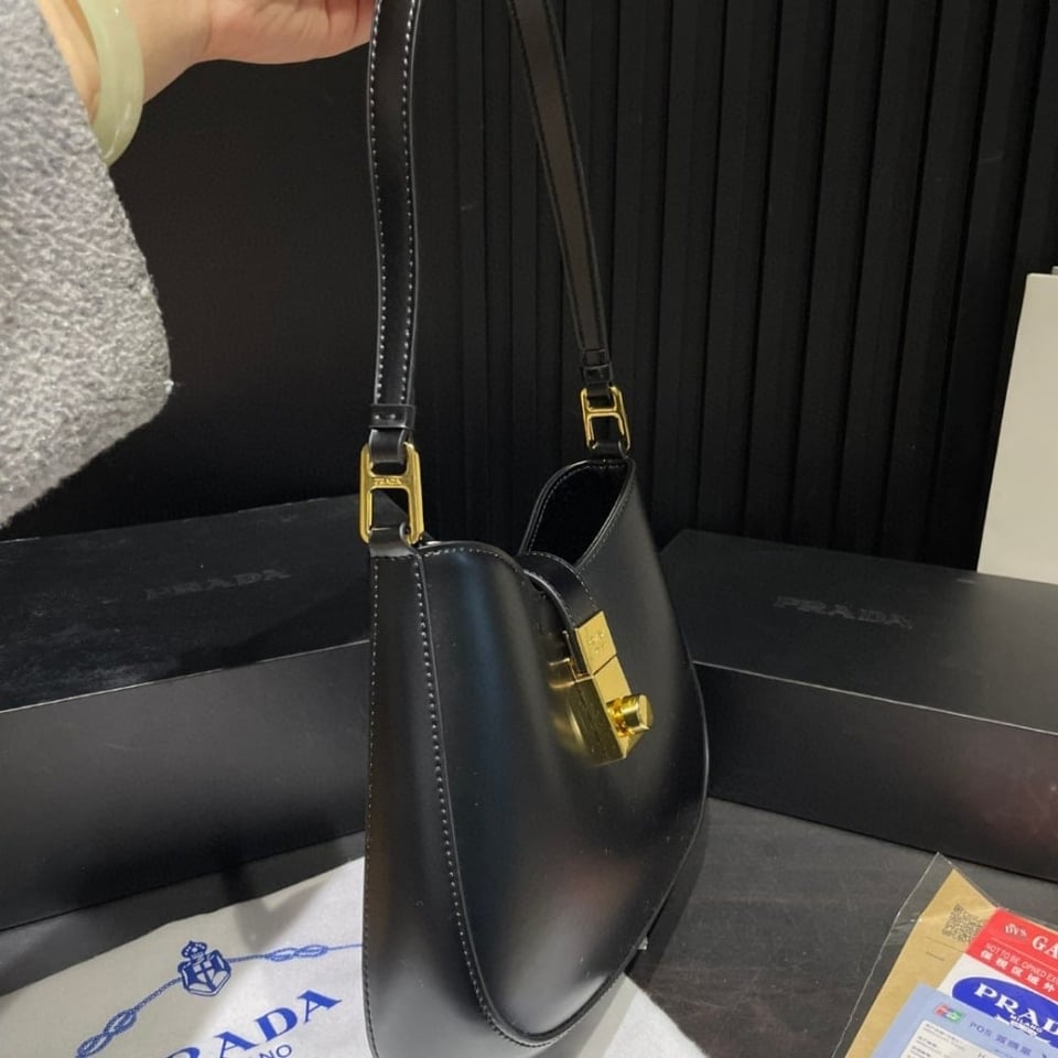 Prada Cleo Brushed Leather Shoulder Bag With Clasp Closure Black 26Cm view 6