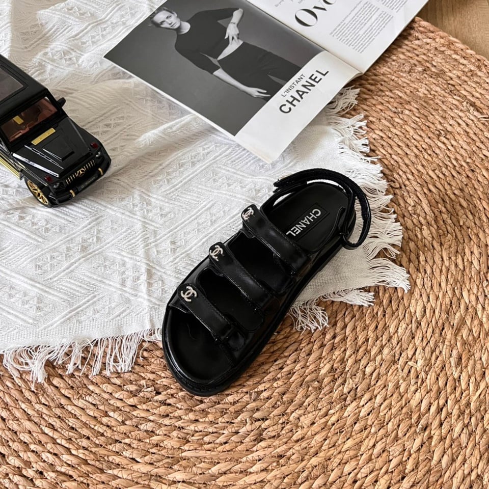 Chanel Triple Velcro Strap Sandals Black G45628 B16403 94305 view 7