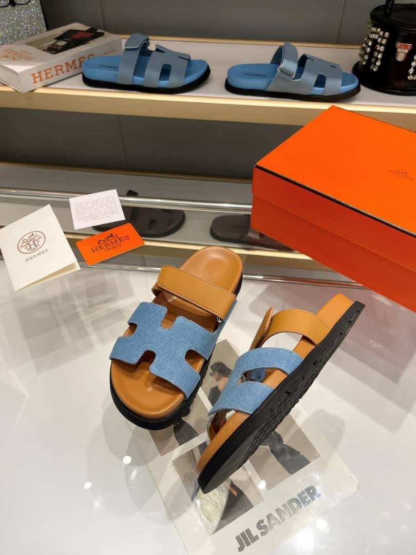 Hermes Chypre Flat Sandals Denim Brown view 7