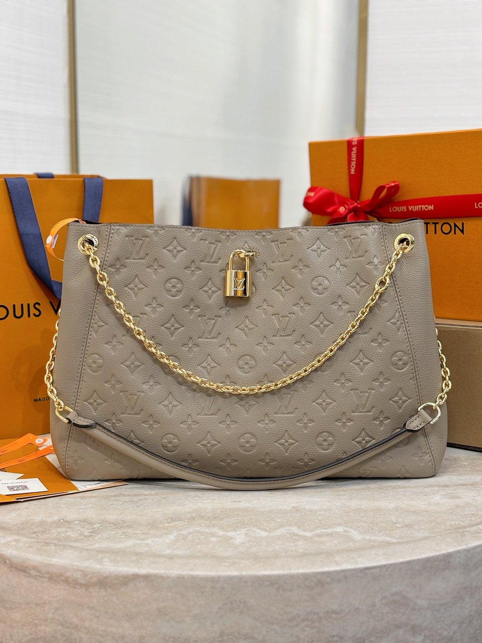 Louis Vuitton LV Anytime MM Monogram Empreinte Bag Tourterelle Gray M14658 42cm/ 16.5in view 6