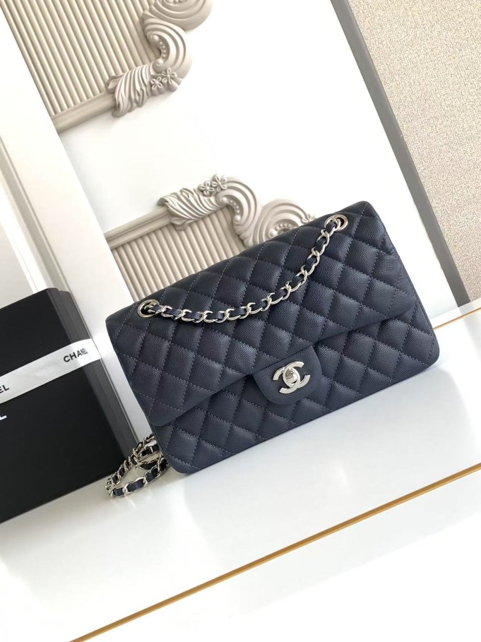 Chanel Classic Flap Bag 25 cm Navy Blue Silver-Tone Hardware A01112 view 3