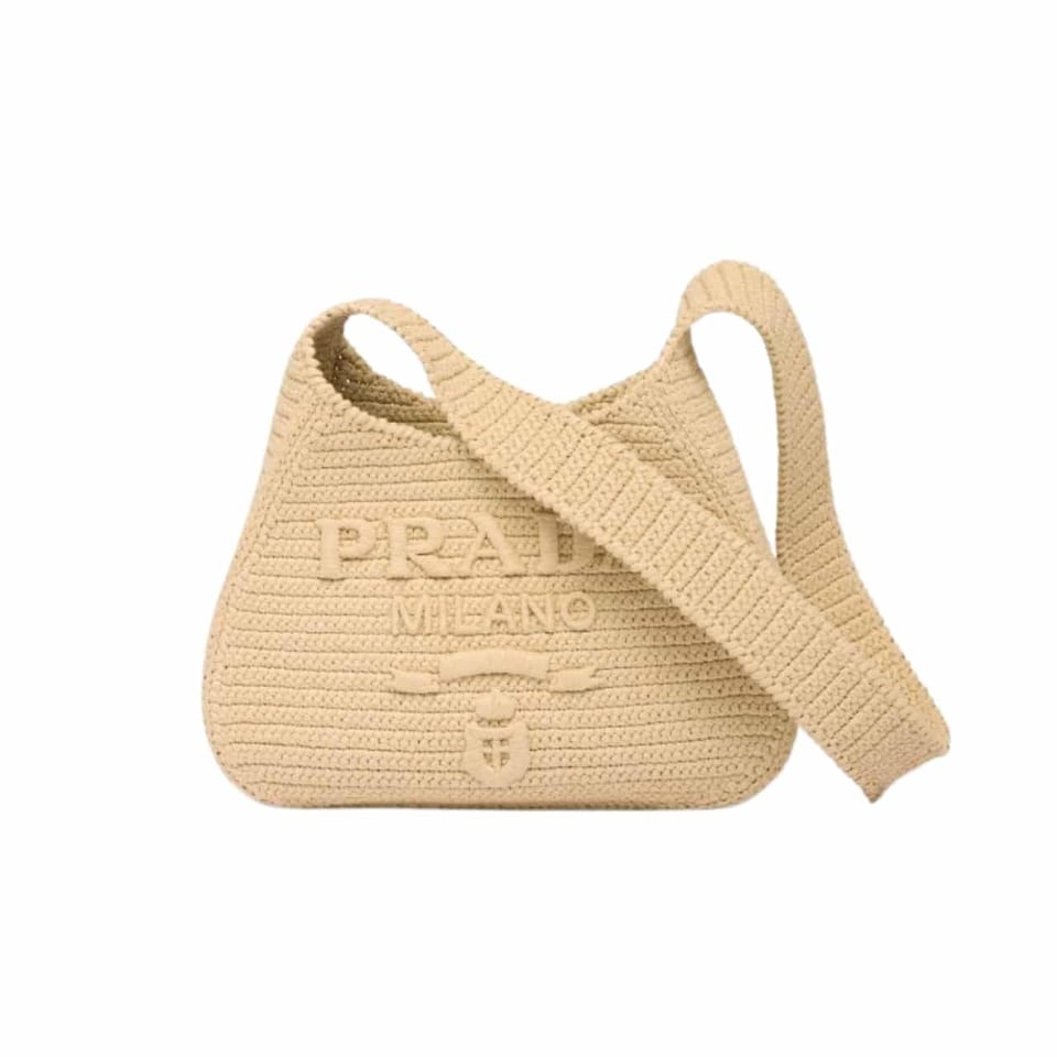 Prada Logo Embossed Raffia Shoulder Bag Beige 33Cm view 2