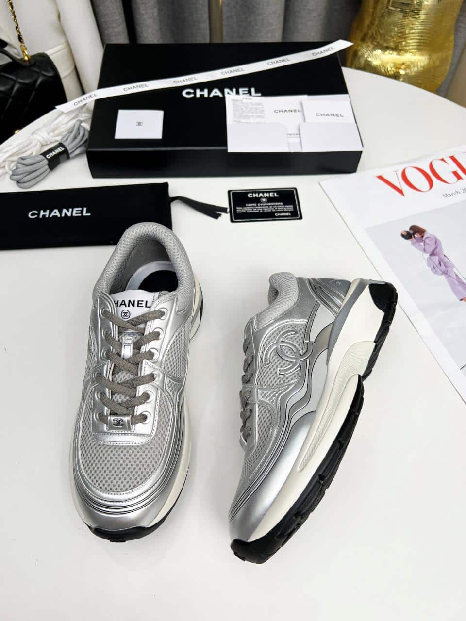 Chanel 23C Silver Metallic Cc Logo Lace Up Flat Runner Trainer Sneaker Gray view 7