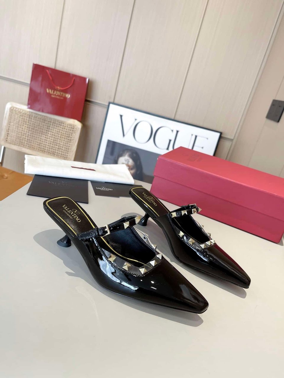 Valentino Garavani Rockstud Asymmetric Patent Leather Mules Black view 10