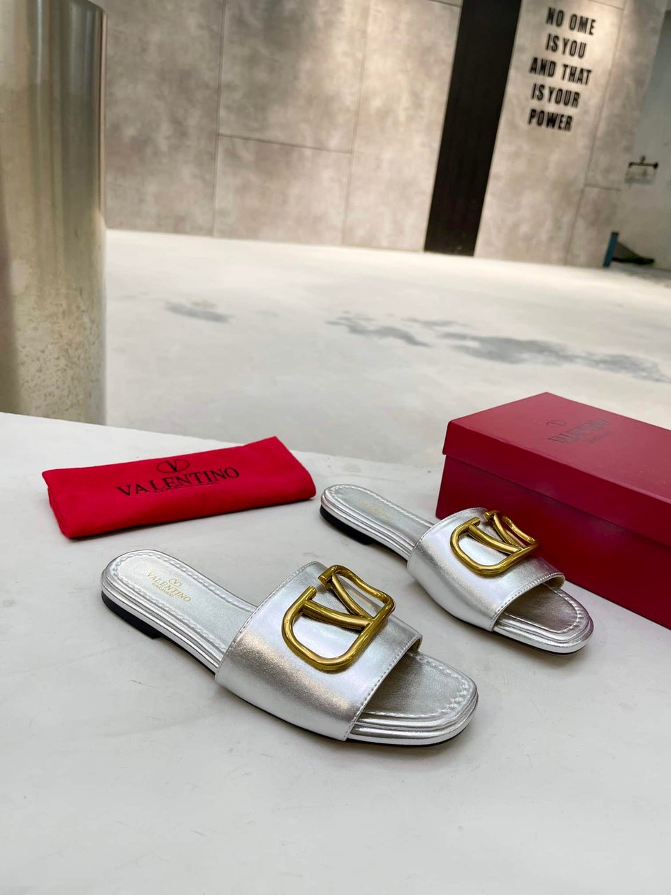 Valentino Garavani Vlogo Signature Slide Sandal Silver view 7