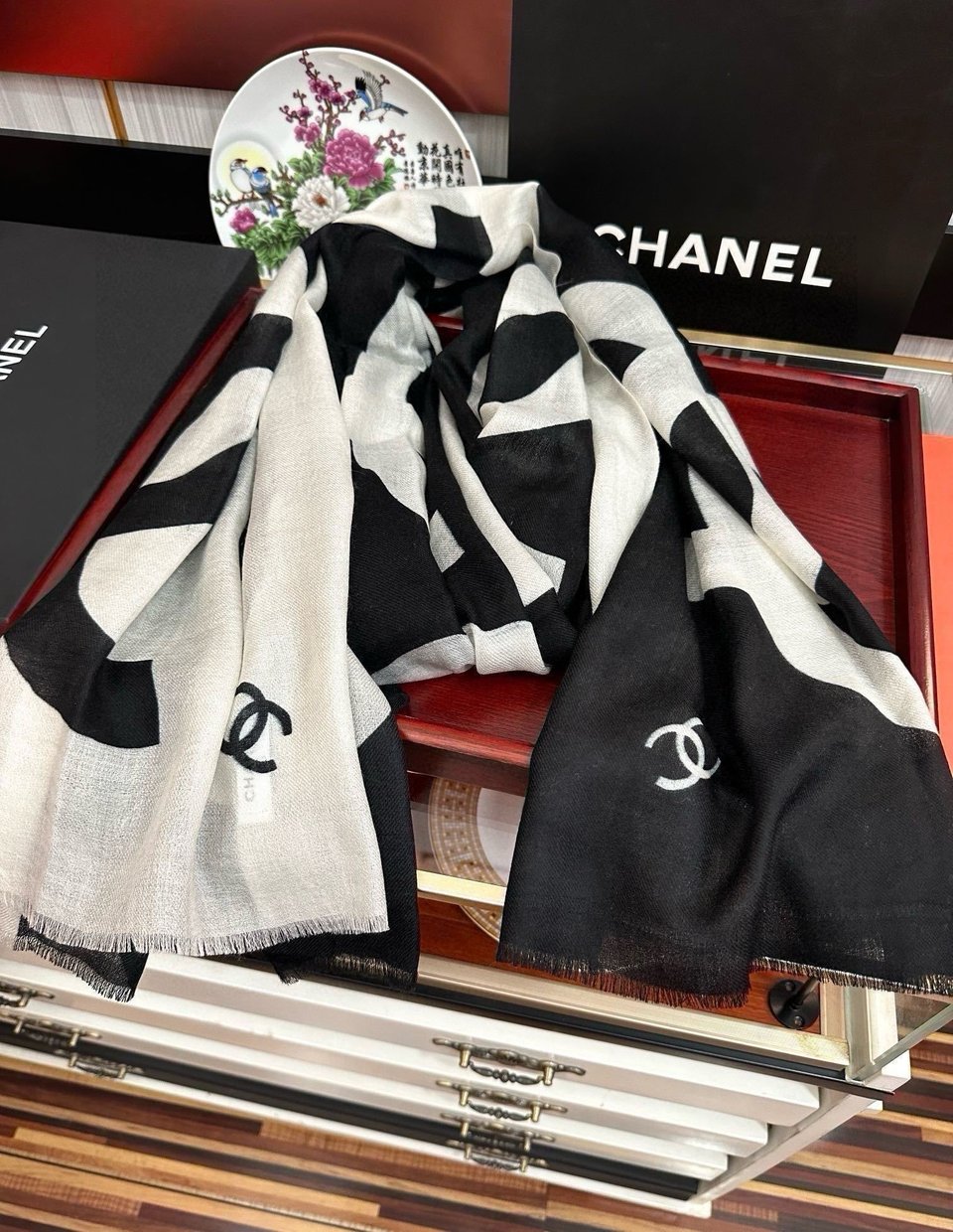 Chanel Silk Shawl CC Logo Colorblock Black – White For Women 200cm view 5