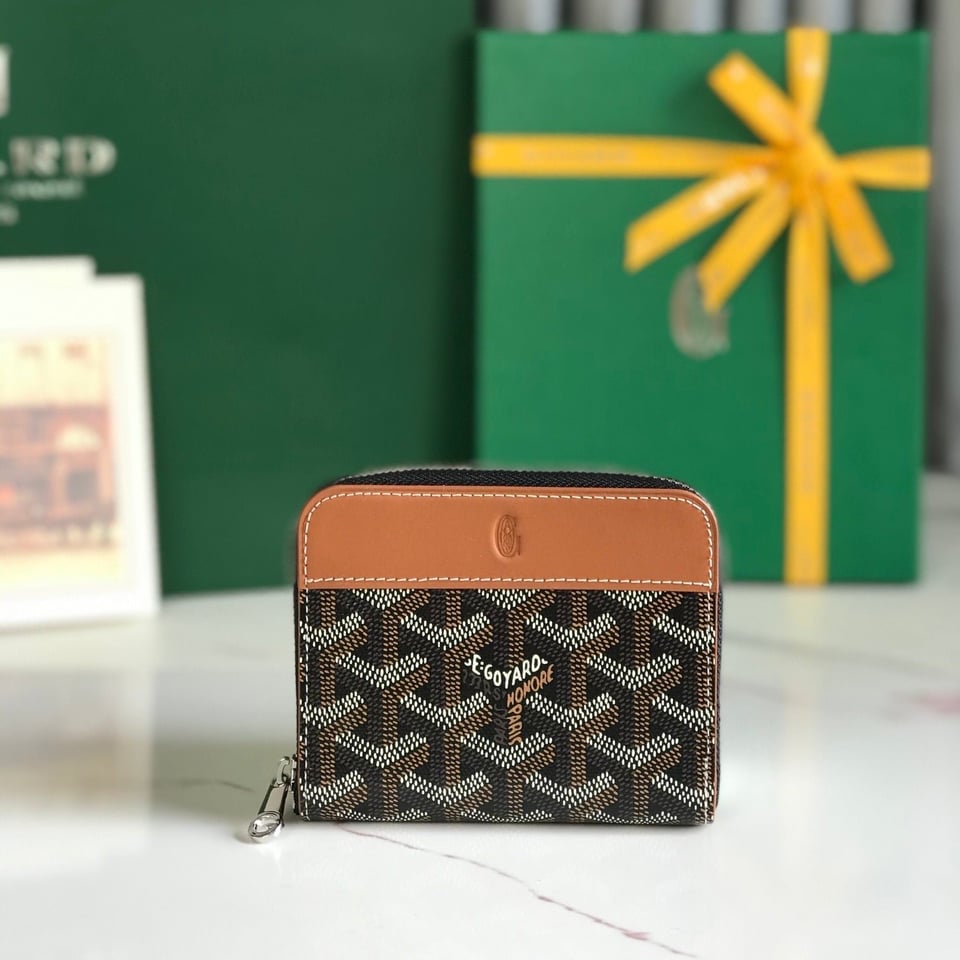 Goyard Matignon Mini Wallet 11 Cm Black Goyardine Canvas And Tan Calfskin view 2