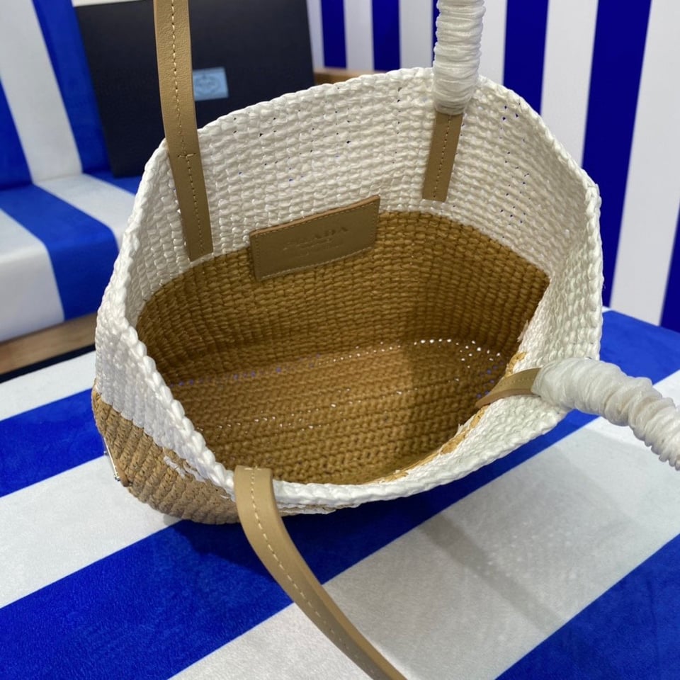 Prada Raffia Tote Bag Beige 23cm view 5