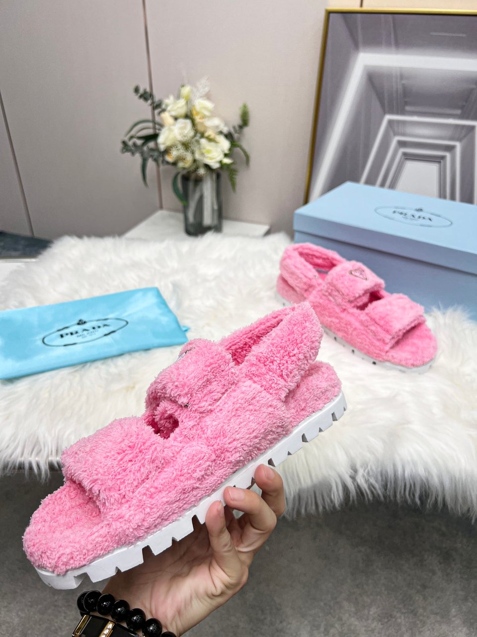 Prada Petal Pink Terrycloth Sandals 1X737Mh39F0442Fd020 view 9