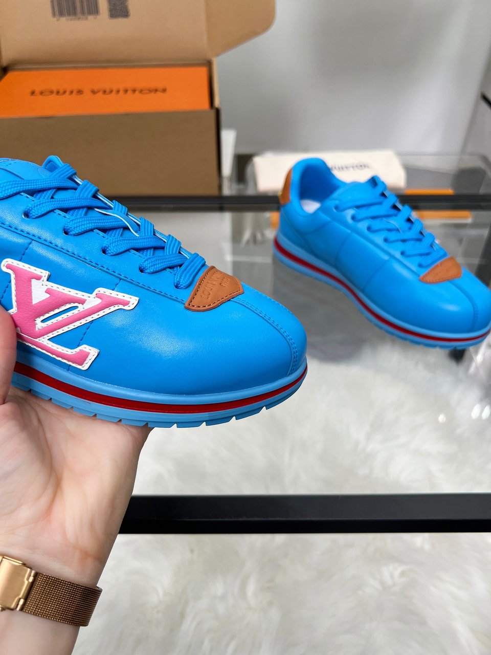 Louis Vuitton LV Trainer Sneaker Blue &amp; Pink – Red Stripe Sole – Women’s Shoes view 10
