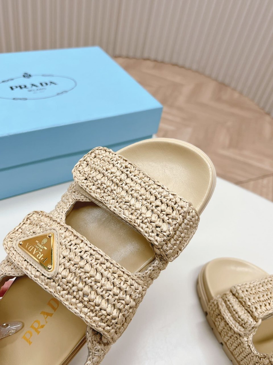 Prada Monolith Crochet Raffia Effect Sandals In Neutrals view 5
