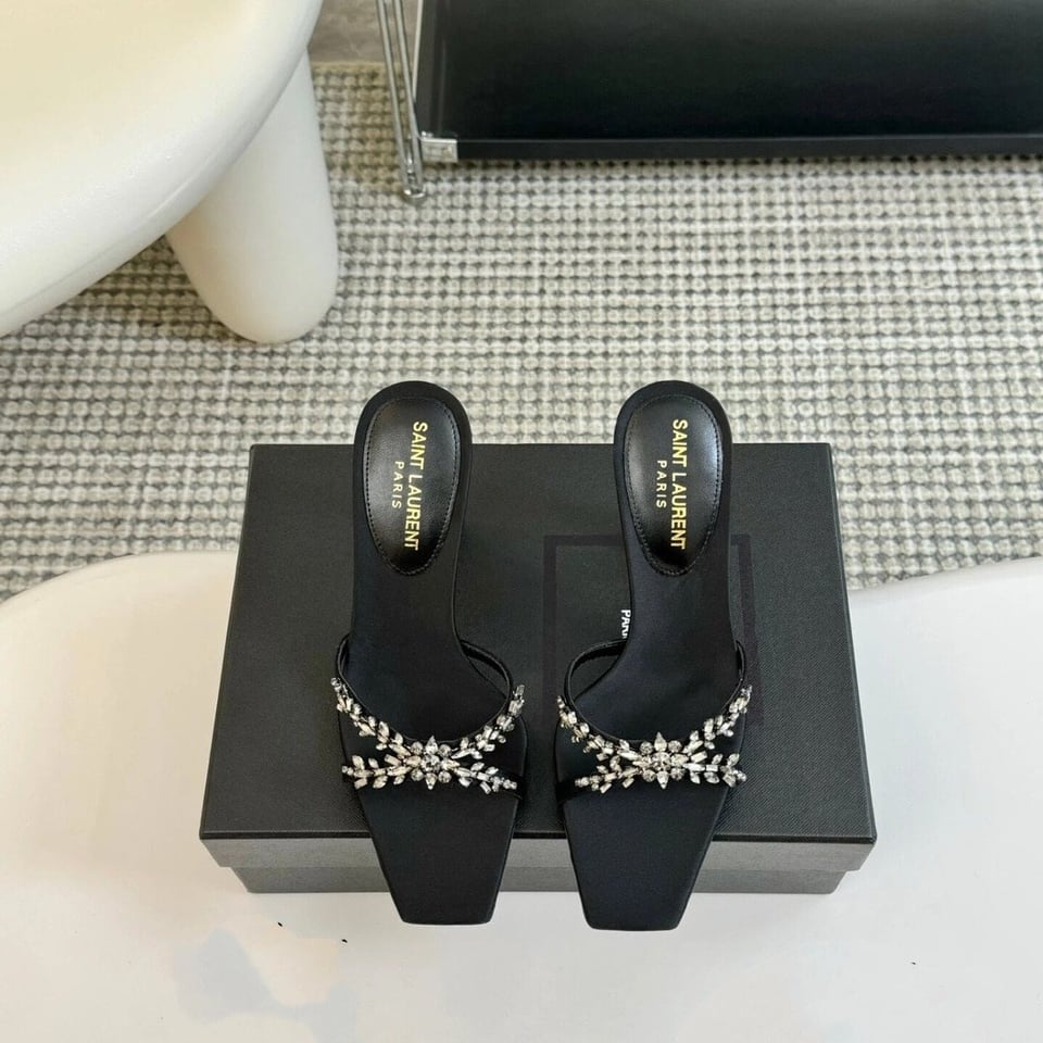 Saint Laurent Liz Mules In Satin And Rhinestones Black view 3