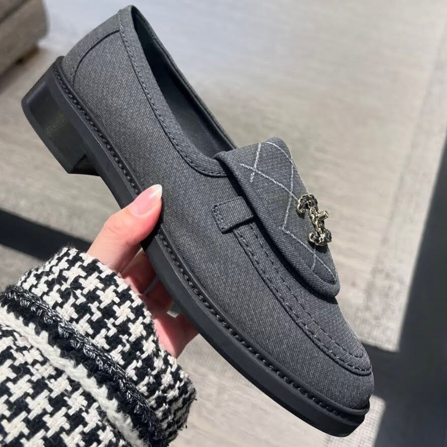 Chanel Quilted Fabric Loafers with CC Chain Logo Dark Grey G39834 view 2