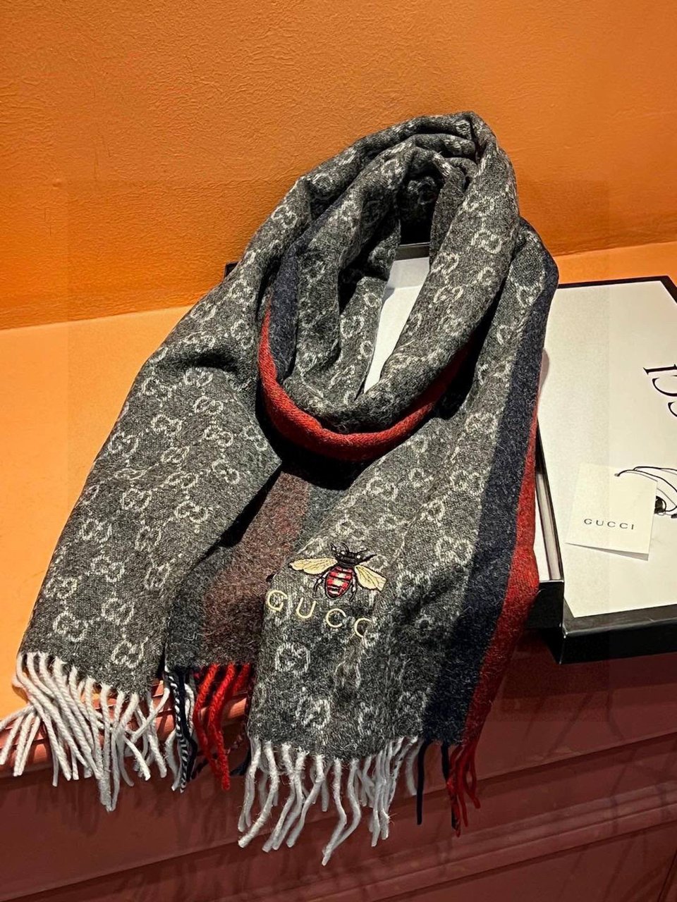Gucci Cashmere Scarf Stripe Gray Red For Women 190cm view 2