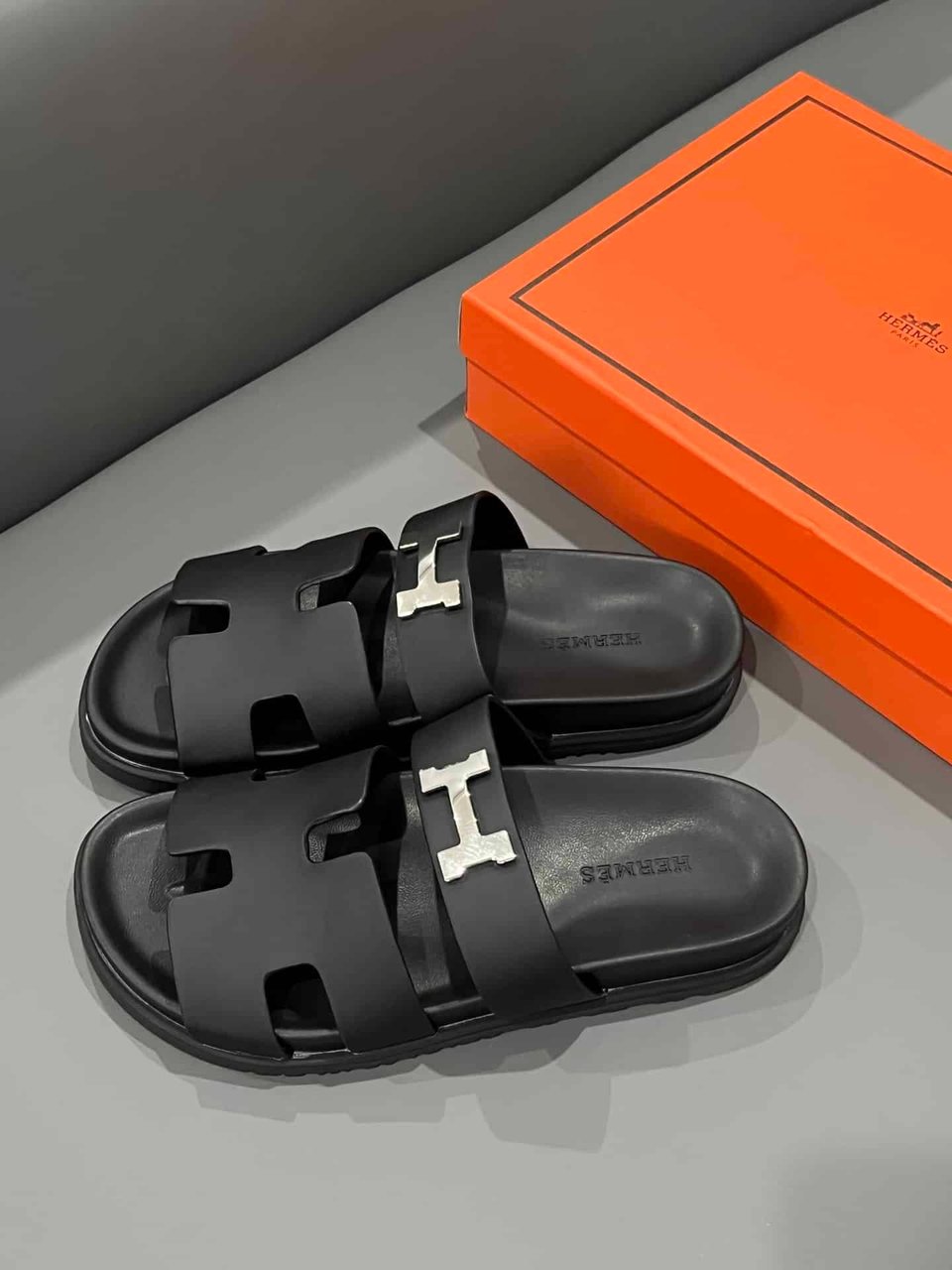 Hermes Chypre Sandal H Logo Silver Hardware Black view 5