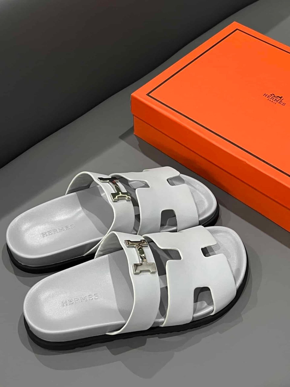 Hermes Chypre Sandal H Logo Silver Hardware Light Grey view 4