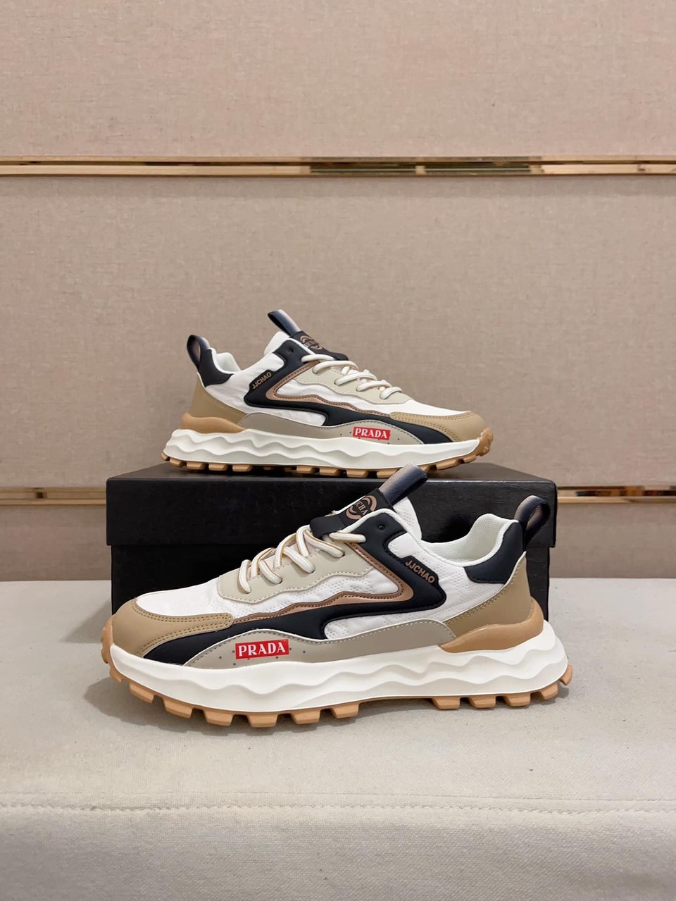 Prada Colorblock Sneakers With Logo Beige view 7