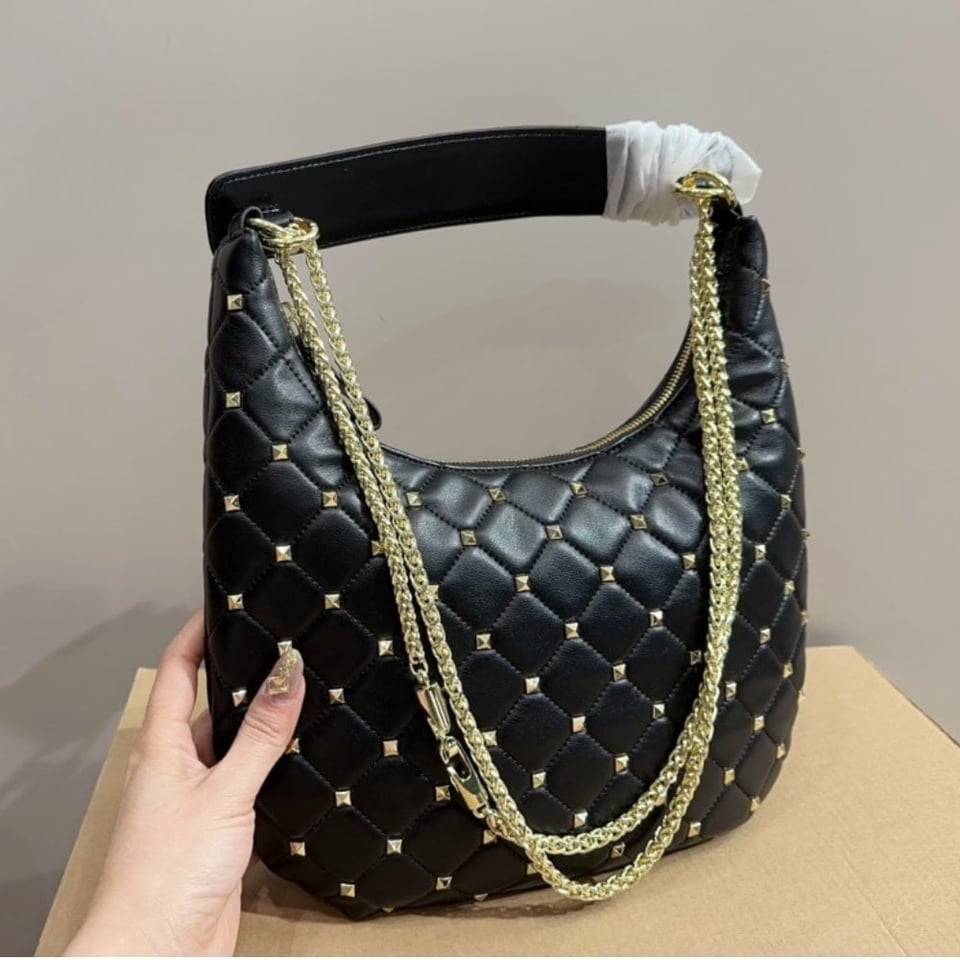 Valentino Rockstud Spike Leather Hobo Bag Black 28Cm 3W2B0M32Was view 3
