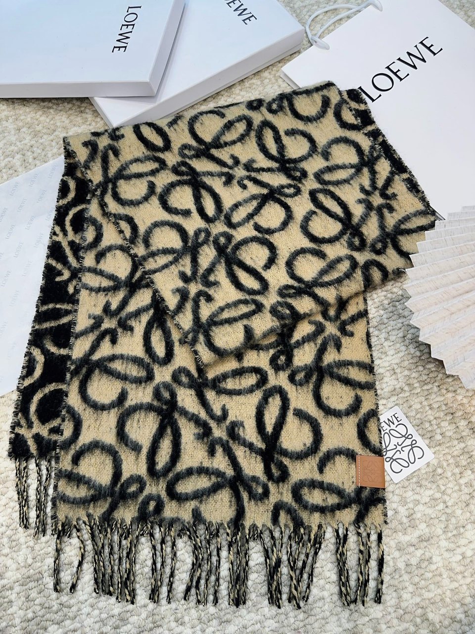 Loewe Mohair Scarf Anagram Black Beige For Women 186cm view 5