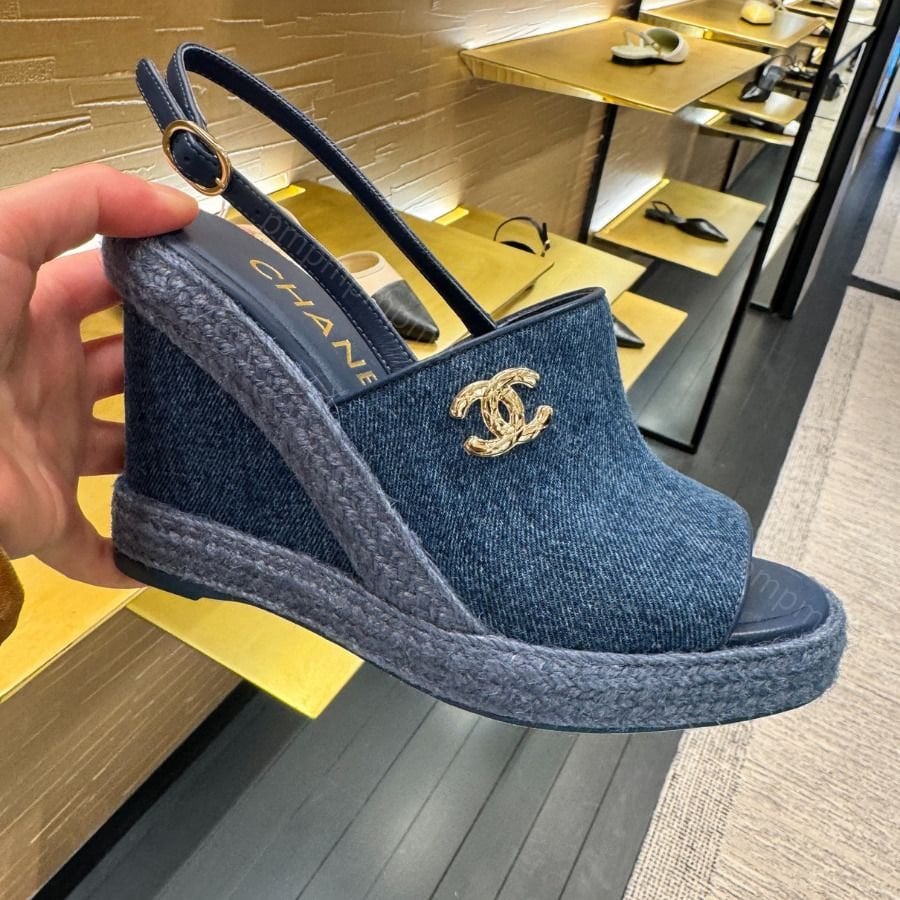 Chanel Denim Wedge Slingback Sandals Blue Denim G39832 view 2