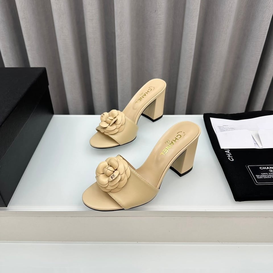 Chanel Camellia Medium Heel Slippers Beige view 3