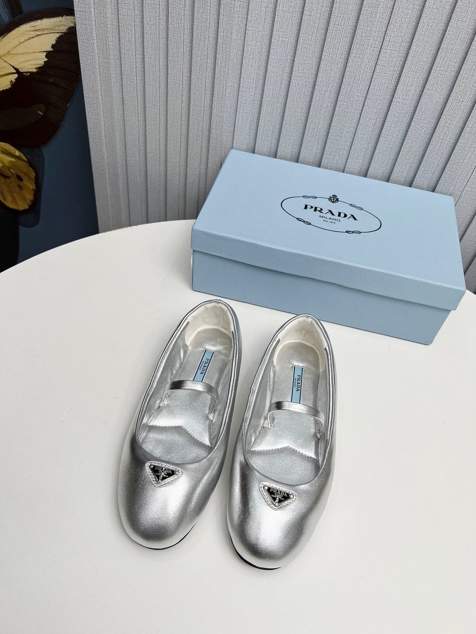 Prada Soft Padded Nappa Leather Ballerinas Silver view 9