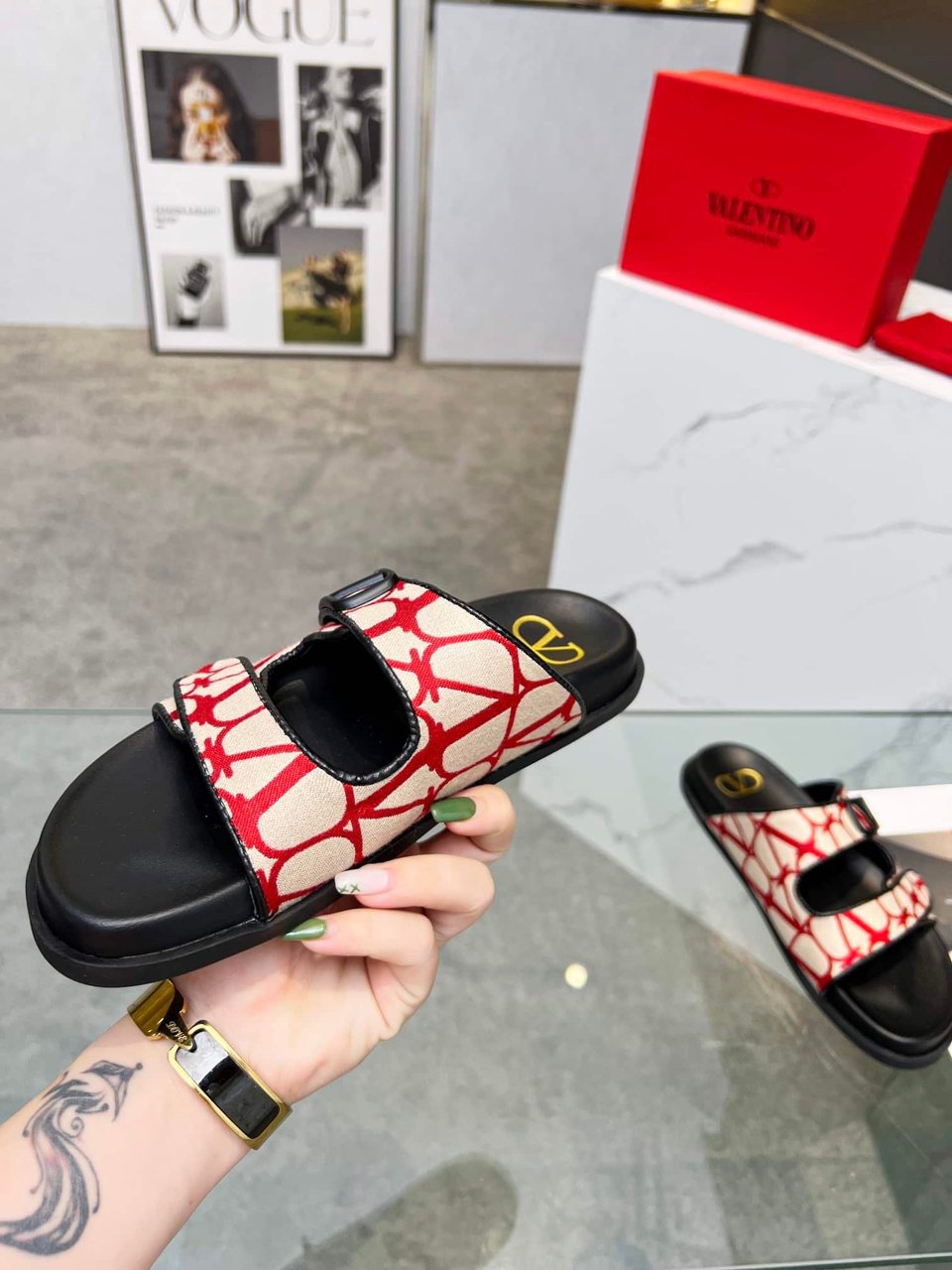 Valentino Garavani Vlogo Toile Iconographe Sandal Red view 4