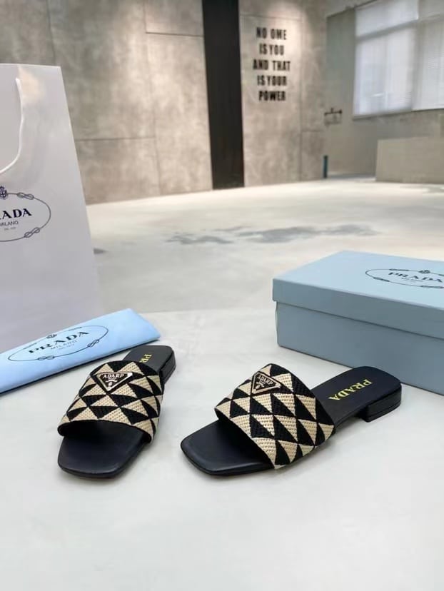Prada Embroidered Fabric Slides Black Yellow view 5
