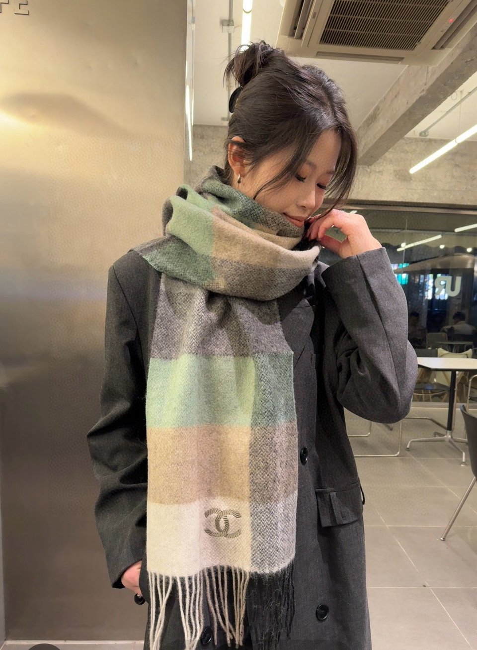 Chanel Cashmere Scarf Colorblock Beige For Women 200cm view 7